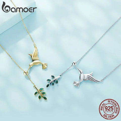 BAMOER Authentic 925 Sterling Silver Spring Bird & Tree Leaf Leaves Dangle Pendant Necklace for Women Silver Jewelry SCN217