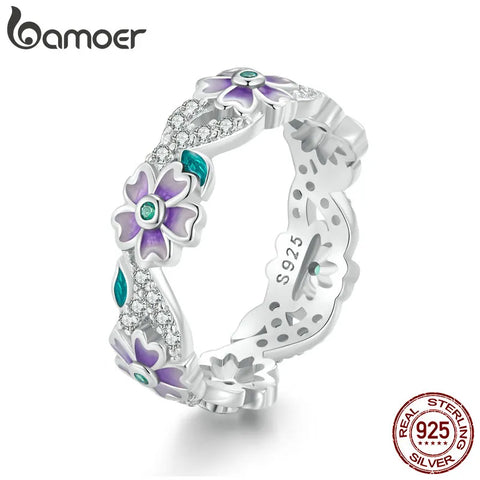 Bamoer 925 Sterling Silver Purple Wreath Ring Flower Finger Ring Original Design Fine Jewelry Gift for Women Party BSR492