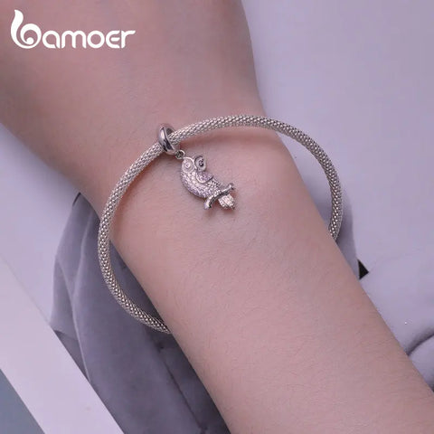 Bamoer 925 Sterling Silver Owl Pendant Charms Heart Shape Beads for Women Bracelet and Necklace DIY Pave Setting CZ Fine Jewelry