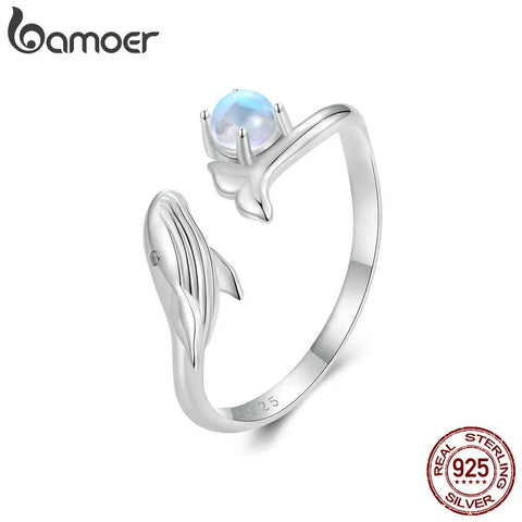 Bamoer 925 Sterling Silver Cute Whale Opening Ring Fish and Ball Adjustable Ring for Women Fine Jewelry BSR473-E