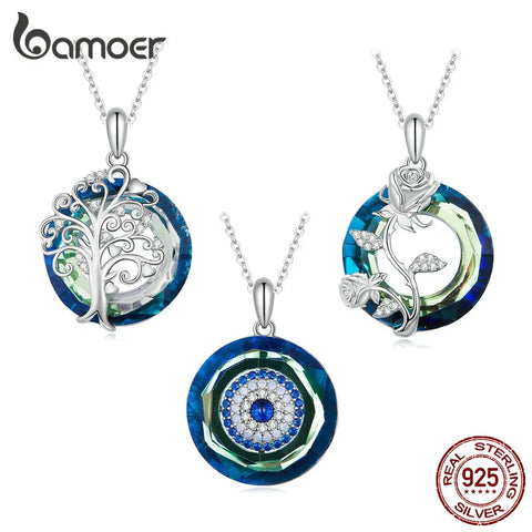 Bamoer 925 Sterling Silver Angel Ring Devil's Eye Pendant Necklace Tree of Life Neck Chain for Women Platinum Plated Jewelry