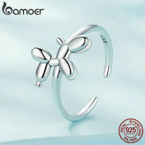 Bamoer 925 Sterling Silver Balloon Puppy Opening Ring Cute Dog Adjustable Ring Simple Jewelry for Women SCR978-E
