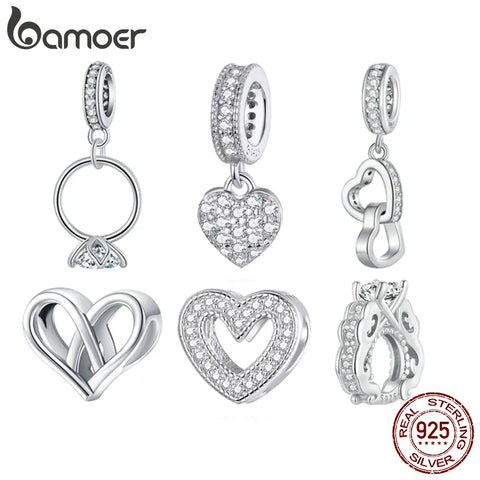 Bamoer 925 Sterling Silver Wedding Ring Septal Bead Heart Charms for Women Bracelet DIY Pave Setting CZ Fine Jewelry