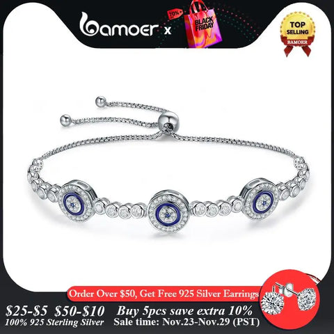 Bamoer Genuine 925 Sterling Silver Luxury Round Blue Evil Eyes Clear Cubic Zircon Crystal Tennis Bracelet Jewelry SCB002