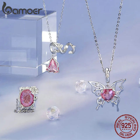 Bamoer 925 Sterling Silver Pink Heart Pendant Charms Butterfly & Rose Beads for Women Original Bracelet DIY Accessories