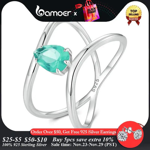 Bamoer 925 Sterling Silver Double-layer Cross Ring Light Green Glass Geometric Line Ring Platinum Plated Fine Jewelry for Women