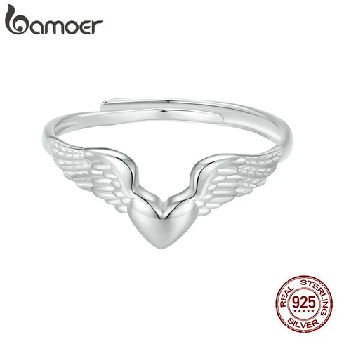BAMOER 925 Sterling Silver Feather Angel Wings Adjustable Dainty Thumb Ring for Women Sympathy Memory Jewelry Gifts