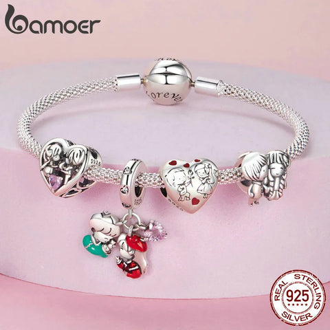 Bamoer 925 Sterling Silver Little Boy & Girl Pendant Charms Heart Shape Beads for Women Bracelet Necklace DIY  Accessories
