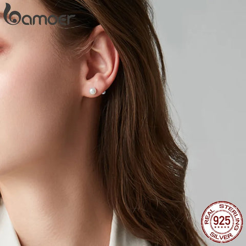 BAMOER 925 Sterling Silver Charm Pearl Beads Screw Stud Earrings For Women Trendy Mini Studs Fine Jewelry