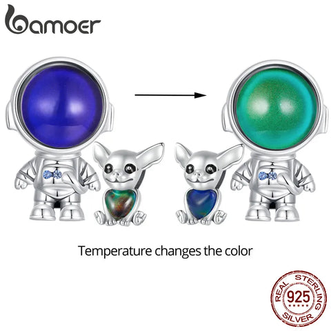 Bamoer 925 Sterling Silver Mood Stone Astronaut Charms Cute Chihuahua Dog Beads for Women Bracelet and Bangle DIY