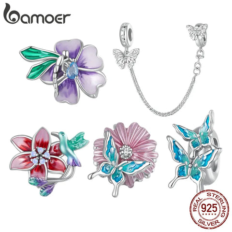 Bamoer 925 Sterling Silver Flower & Bird Bead Butterfly Charms for Women Original Bracelet & Bangle Enamel Process Fine Jewelry