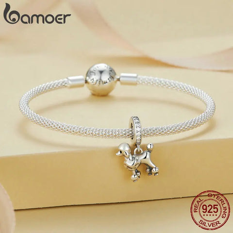 Bamoer 925 Sterling Silver Lovely Pet Series Poodle Hanging Bead Bulldog Charms for Women Bracelet and Necklace DIY Fine Jewelry