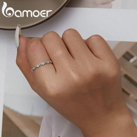 Bamoer 925 Sterling Silver Simple Stackable Shiny Zircon Ring for Women Fine Jewelry Geometric Promise Ring Bridal Gift BSR266