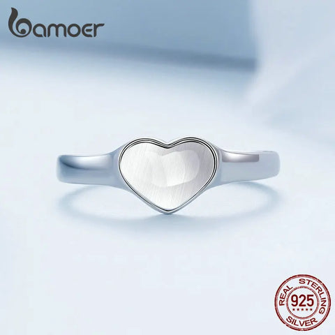 Bamoer 925 Sterling Silver High Polished Light and Shadow Love Adjustable Ring Heart Opening Ring for Women Valentine's Day Gift