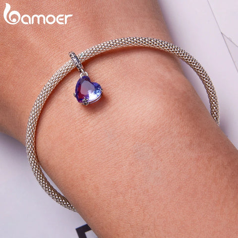 Bamoer 925 Sterling Silver Heart Charm Green Four Leaf Charm Bead Pendant fit Original Bracelet Necklace For Women Fine Jewelry