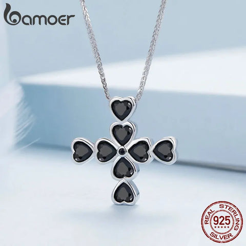 Bamoer 925 Sterling Silver Heart Shaped Black Zircon Cross Pendant Necklace Lucky Guard Neck Chain for Women Fine Jewelry Gift