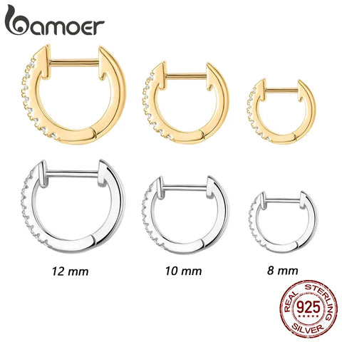 BAMOER 925 Sterling Silver Small Hoop Earrings Cubic Zirconia Cuff Earrings Gold Huggie Hoop Earrings for Women 8mm 10mm 12mm