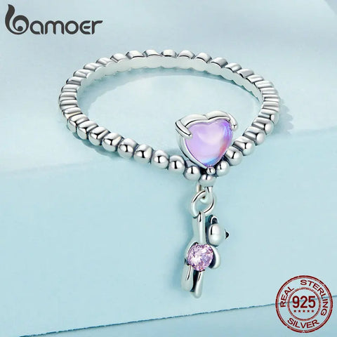Bamoer 925 Sterling Silver Pink Zircon Cute Little Bear Balloon Finger Ring Heart-shaped Balloon Ring for Women Original Design
