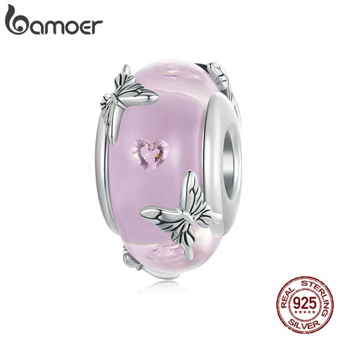 BAMOER 925 Sterling Silver Pink Glass Beads Transparent Butterfly Charm Fit Women Original Bracelets DIY Jewelry Accessories
