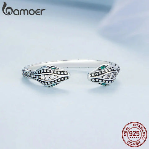 Bamoer 925 Sterling Silver Double Snakeheads Open Ring Snake Adjustable Ring for Women Pave Setting Zircon Fine Jewelry BSR317
