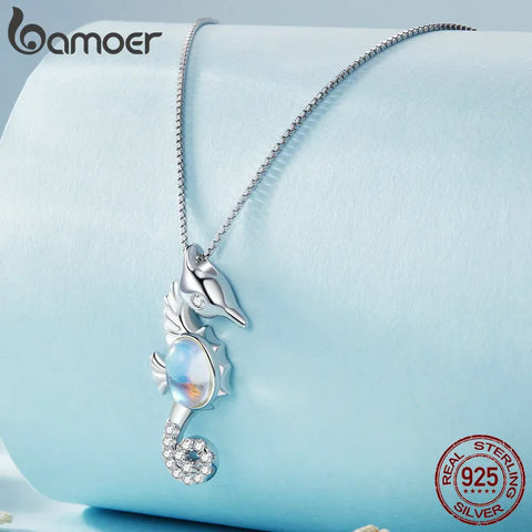 Bamoer 925 Sterling Silver Platinum Plated Monestone Seahorse Pendant Necklace Pave Setting CZ for Women Valentine's Day Gift