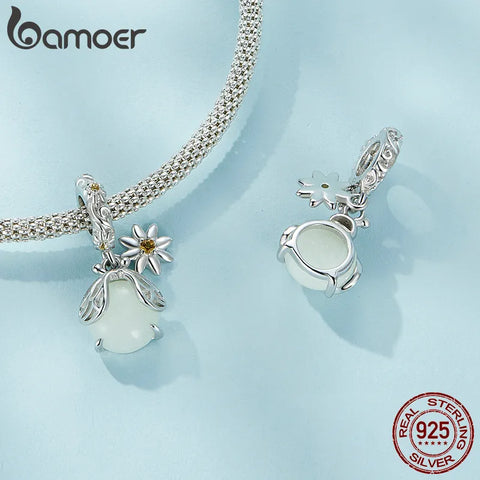Bamoer 925 Sterling Silver Glow-in-the-dark Firefly Hanging Beads Luminous Insect Charms for Women Original Bracelet and Bangle