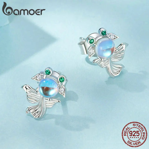 BAMOER 925 Sterling Silver Blue Moonstone Stud Earrings Mudskipper Fish Earings for Women Birthday Cute Fine Jewelry Gift