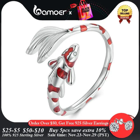 Bamoer 925 Sterling Silver Red Koi Opening Ring Lucky Fish Adjustable Ring for Women Birthday Gift Fine Jewelry