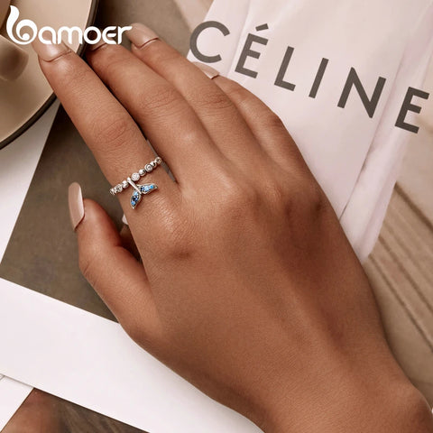 Bamoer New 925 Sterling Silver Shining Fishtail Female Ring Size 6/7/8 Stackable Bubble Ring Women Statement Jewelry Gift