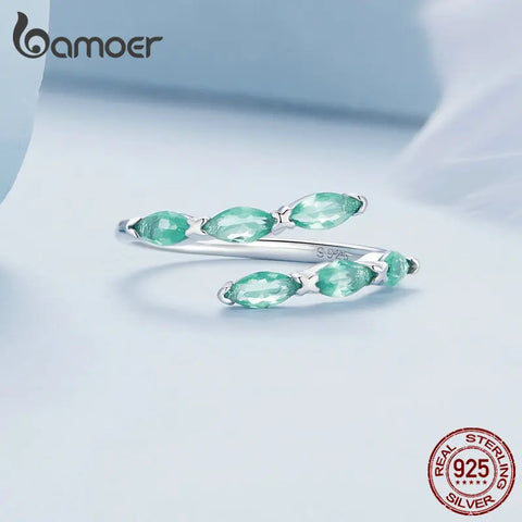 Bamoer 925 Sterling Silver Light Green Glass Opening Ring Horse's Eye Adjustable Ring for Women Party Birthday Gift Fine Jewelry