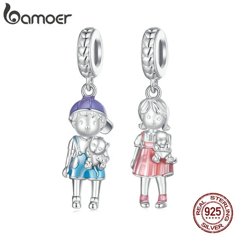Bamoer 925 Sterling Silver Enamel Little Boy and Girl Pendant Charms for Women Original Bracelet and Bangle Fine Jewelry