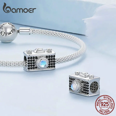 Bamoer 925 Sterling Silver Black Zircon Retro Camera Beads for Women Original Bracelet and Bangle Classic Charms Fine Jewelry