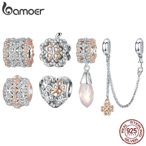 Bamoer 925 Sterling Silver Luxury Zircon Hollowed-out Heart Charm Rose Gold Plated Autumn Bead for Women Bracelet and Bangle DIY