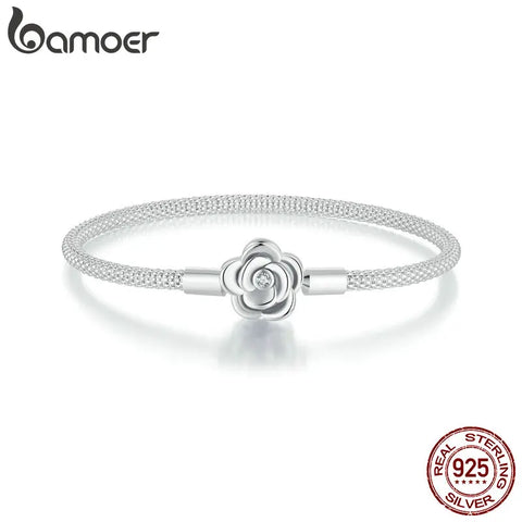 BAMOER 925 Sterling Silver Classic Basic Bracelet Rose Buckle Chain for Women Charm Bead DIY Fine Jewelry 17CM 19CM 21CM