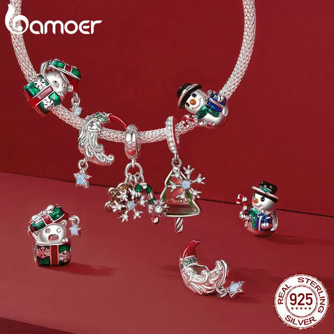 Bamoer 925 Sterling Silver Snowman Beads Christmas Bell Charms for Women Bracelet DIY Accessories Christmas Gift Fine Jewelry