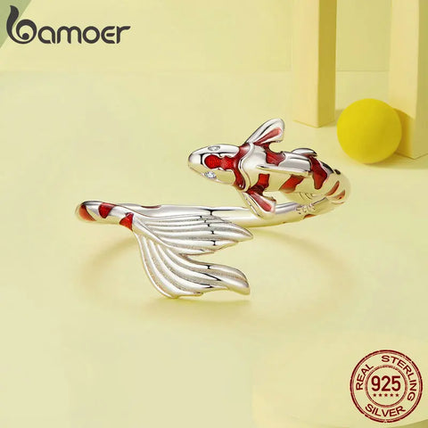 Bamoer 925 Sterling Silver Red Koi Opening Ring Lucky Fish Adjustable Ring for Women Birthday Gift Fine Jewelry