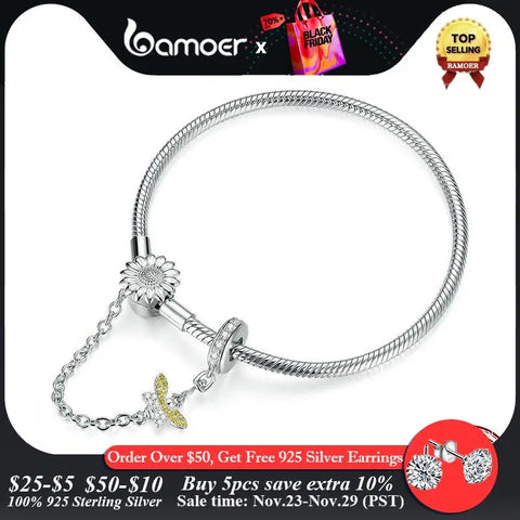 bamoer Authentic 925 Sterling Silver 3mm Snake Charm Bracelet with Sunflower Safety Chain DIY Bracelets Accessories BSB041