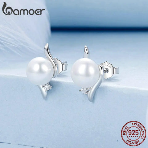BAMOER 925 Sterling Silver Elegant Natural Freshwater Pearl Ear Studs Pave Setting CZ for Women Engagement Party Jewelry