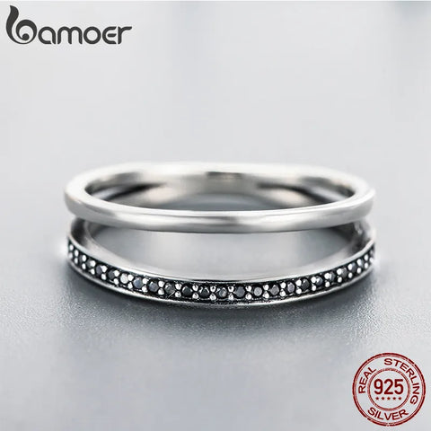 Bamoer Genuine 925 Sterling Silver Double Circle Black Clear CZ Stackable Finger Ring for Women Fine Silver Jewelry Gift SCR082