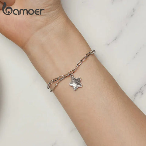 Bamoer 925 Sterling Silver Sparkling Star Bracelet Splice Chain Link for Women Daughter Birthday Day Jewelry Gift Fine Jewelry