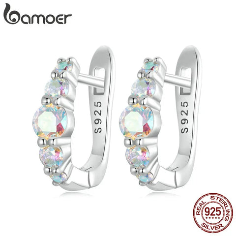 BAMOER 925 Sterling Silver Dreamy Rainbow Zircon Ear Buckles U Shape Huggie Earrings for Women Party Fine Jewelry