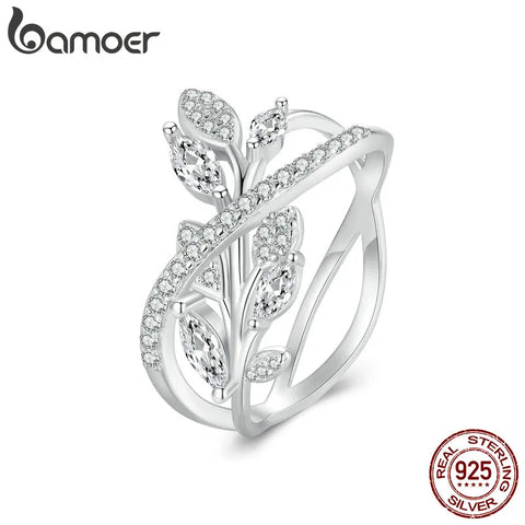 Bamoer Platinum Plated 925 Sterling Silver Luxury Leaf Ring Geometric Cross Band Pave Setting CZ for Women Fine Jewelry