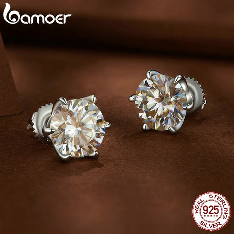 Bamoer 2CTW Brilliant Cut Moissanite Stud Earrings 925 Sterling Silver Hollow Heart Prong Earrings for Women D VVS1 Lab Diamond