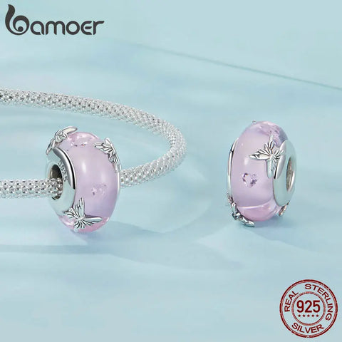 BAMOER 925 Sterling Silver Pink Glass Beads Transparent Butterfly Charm Fit Women Original Bracelets DIY Jewelry Accessories