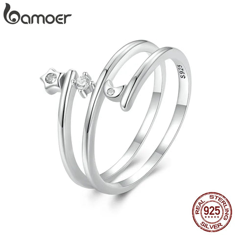 Bamoer 925 Sterling Silver Trendy Multi-layered Stars and Moon Ring Original Design Fine Jewelry Gift for Women Party