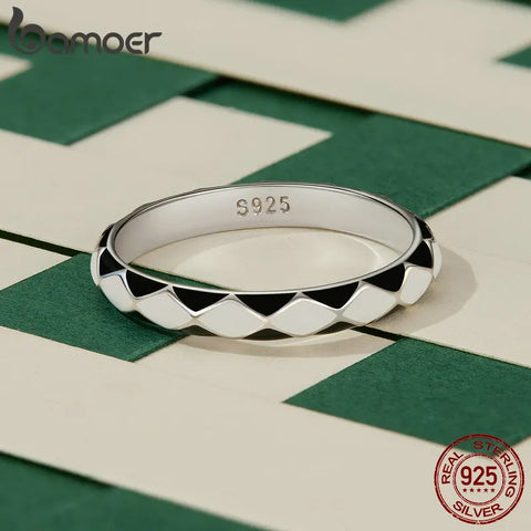 BAMOER 3mm Platinum Plated Rings Chunky Checkerboard Bands 925 Sterling Silver Trendy Cute Hypoallergenic Tarnish Statement Ring