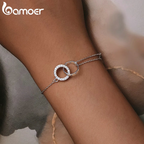 Bamoer 925 Sterling Silver Double Circle Bracelet Eternity Adjustable Chain Link Platinum Plated for Women Valentine's Day Gift