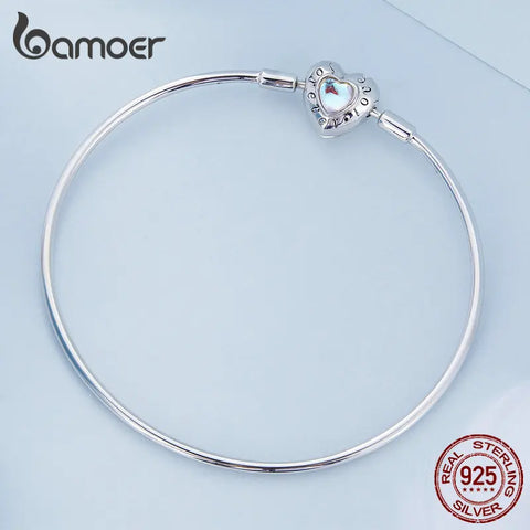 Bamoer 100% 925 Sterling Silver Forever Love Bright Heart Charms Bracelet for Women Cat Clasp Snake Chain Bangle Fine Jewelry