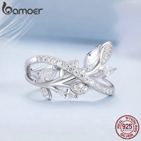 Bamoer Platinum Plated 925 Sterling Silver Luxury Leaf Ring Geometric Cross Band Pave Setting CZ for Women Fine Jewelry