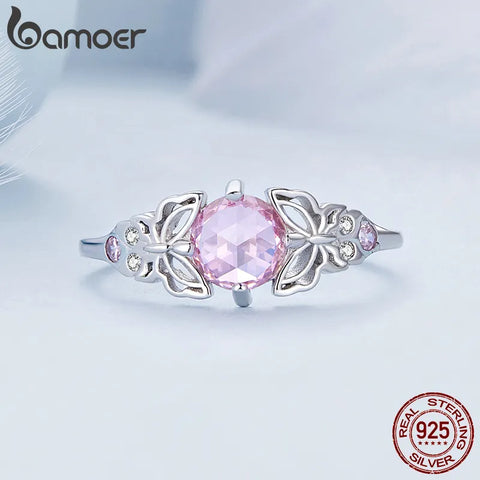 Bamoer 925 Sterling Silver Pink Stone Hollow-out Butterfly Finger Ring Pave Setting CZ for Women Birthday Gift Fine Jewelry